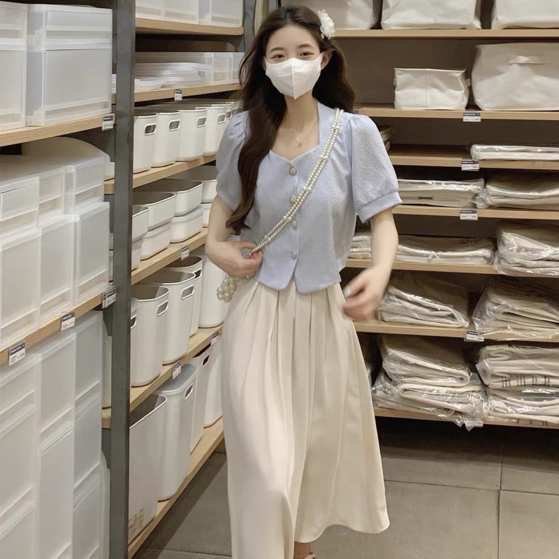 SET ÁO XANH CROPTOP CỔ VUÔNG PHỒNG + CHÂN VÁY MIDI TRẮNG