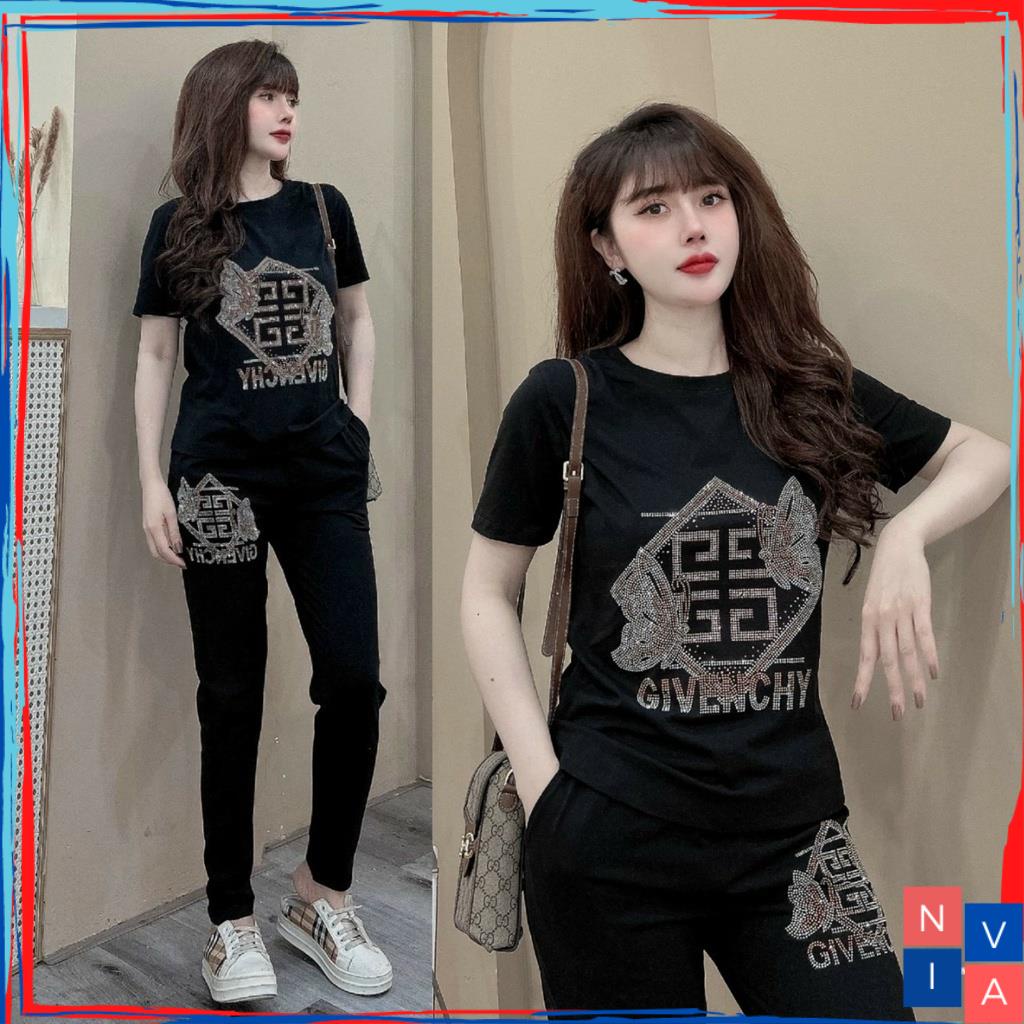 Set Bộ Nữ Đi Chơi NA007 Quần Áo Bigsize Đen Quần Dài Mùa Hè Áo Đính Cườm Cao Cấp Thun Cotton Mềm Đẹp NIVA