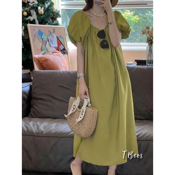 Đầm suông tay phồng dáng dài, Váy trễ vai maxi phong cách retro nhẹ nhàng