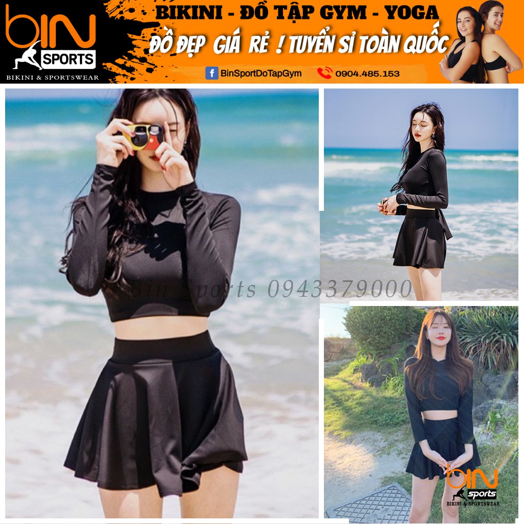 Bikini Nữ Hai Mảnh Aó Crop Dài Tay Quần Váy Có Size Dưới 60Kg Bin Sports BHV131