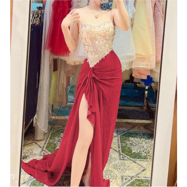 Đầm váy dạ hội nhũ kim tuyến cúp đính đá nhún bèo xẻ tà