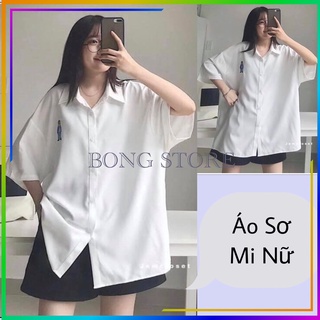 Áo sơ mi trắng nữ (HÀNG CAO CẤP), Áo sơ mi nữ trắng  thêu gấu bassic 2 màu trắng/đen dáng rộng unisex siêu đẹp