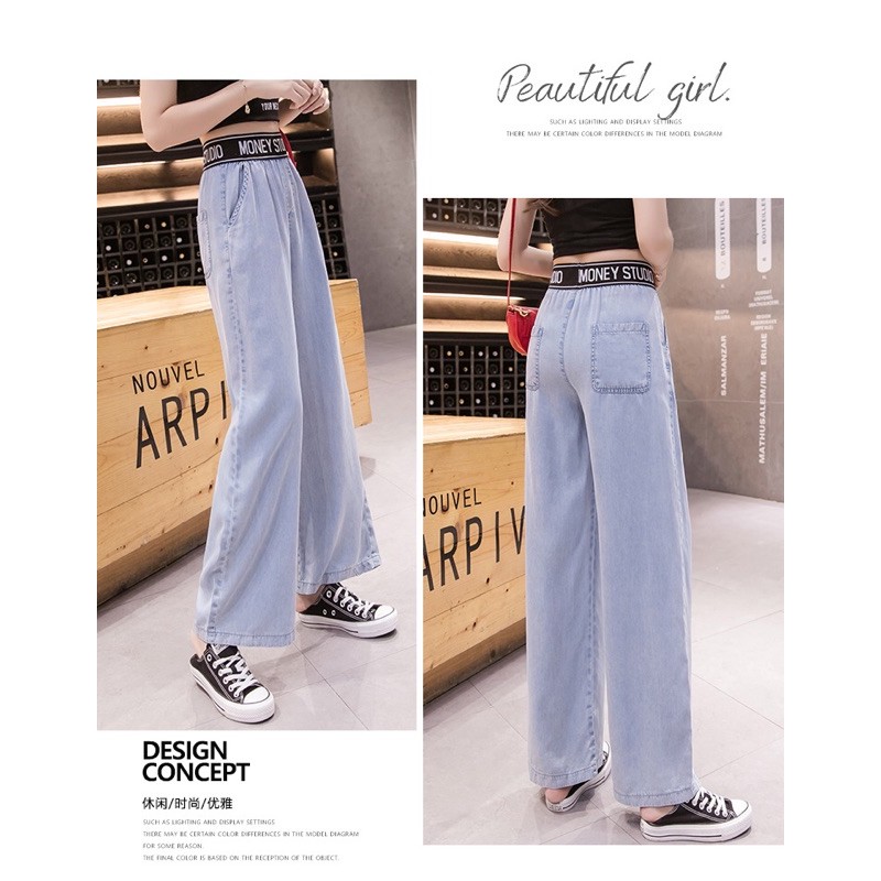 quần jean big size ống rộng lưng thun in chữ size 65-