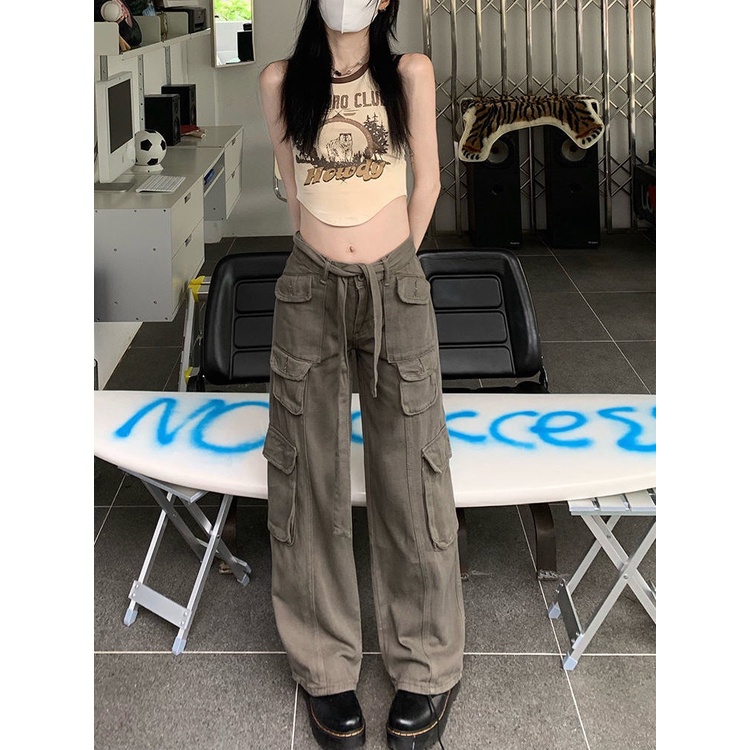 ❏Quần Yếm Jean Ống Rộng Phối Túi Phong Cách Đường Phố Mỹ Cá Tính