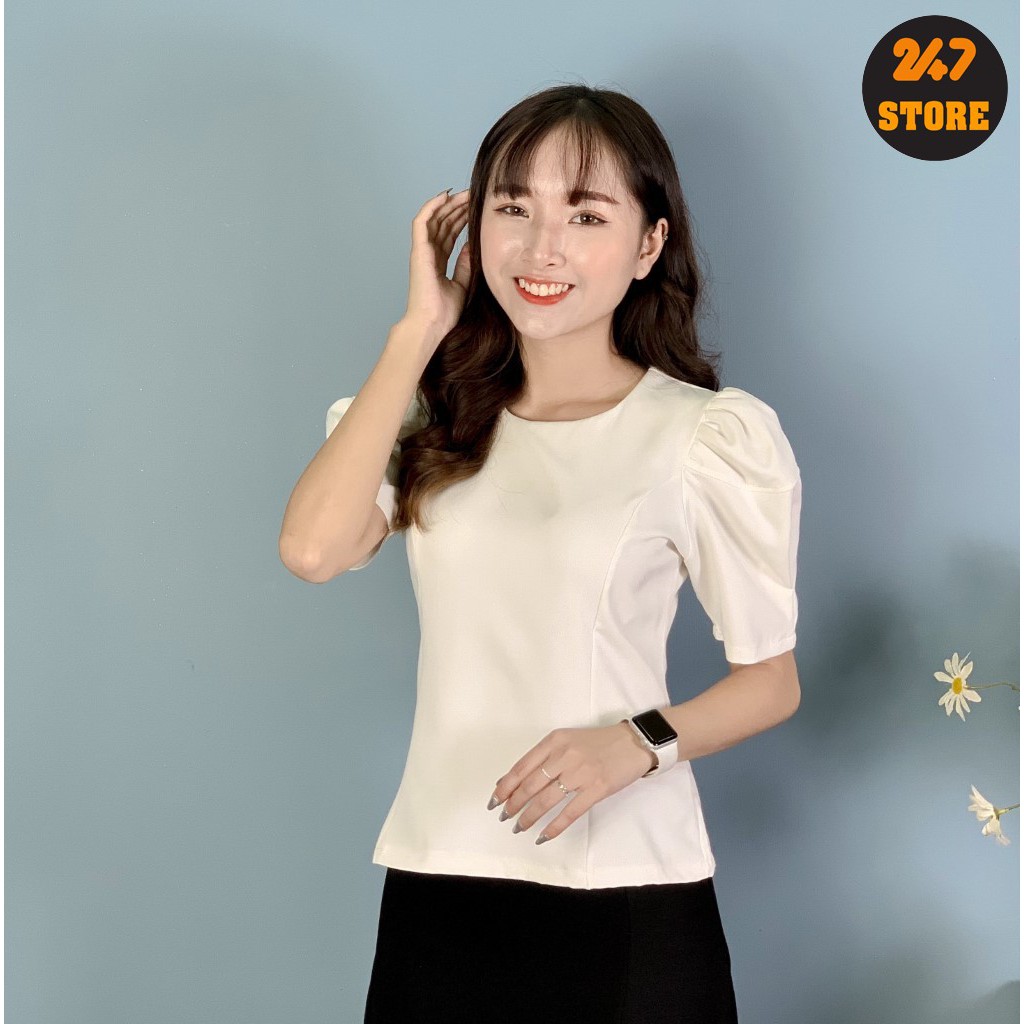 Áo sơ mi công sở nữ 247STORE (màu trắng), dáng dài, cổ tròn, cộc tay, tay bồng, vải lụa mềm nhẹ, không nhăn