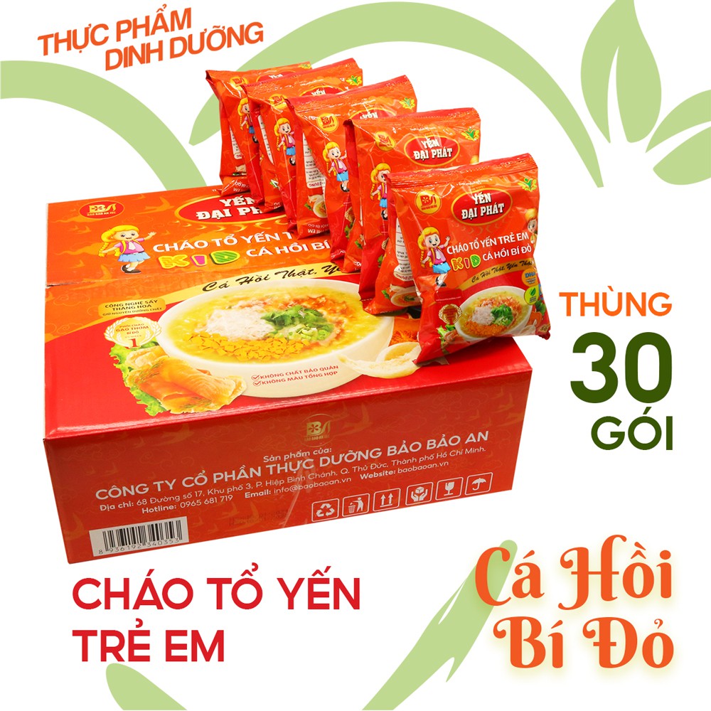 Thùng Cháo Tổ Yến Trẻ Em Cá Hồi Bí Đỏ - Yến Đại Phát (30 gói x 50gram) 4 gói gia vị, ăn liền, tiện lợi, thơm ngon.