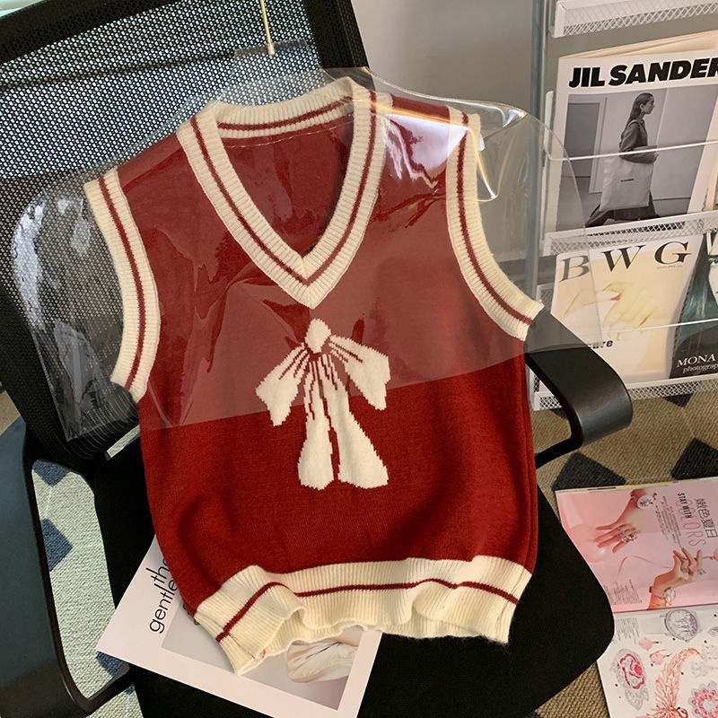 Áo sweater Dệt Kim Không Tay Phối Nơ Phong Cách Hàn Quốc Thời Trang Mùa Thu Mới Cho Nữ