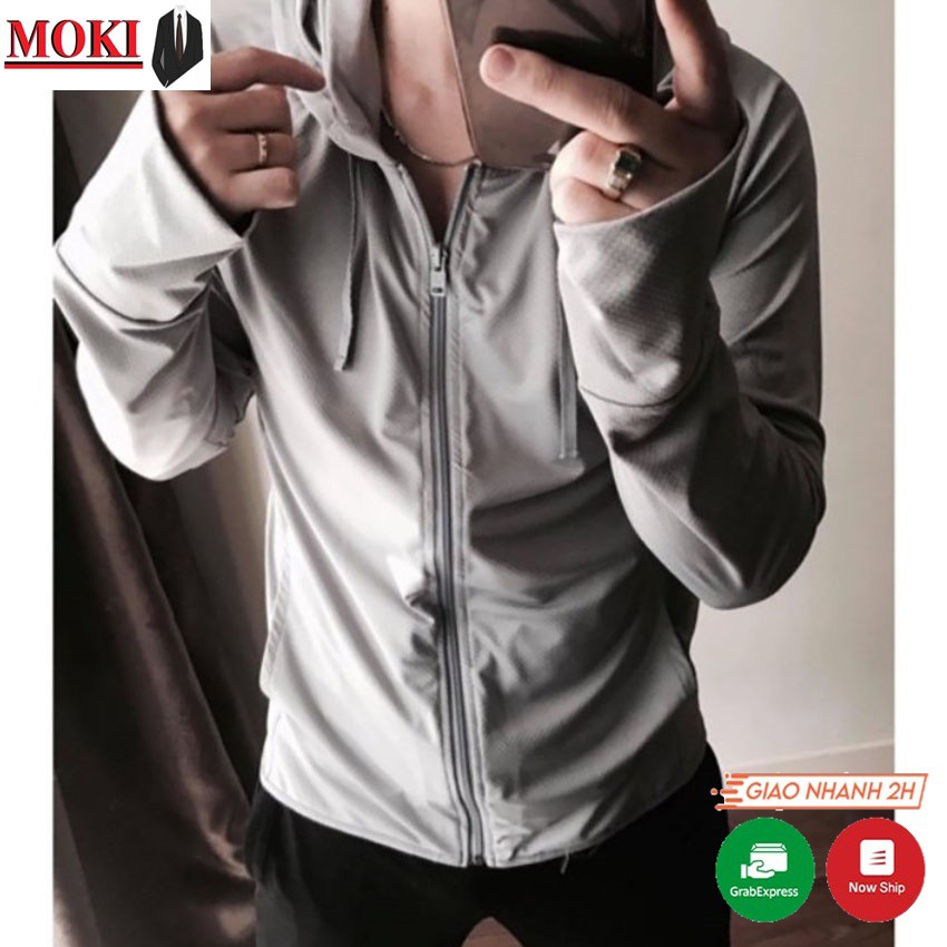 Áo chống nắng nam MOKI chất vải thông hơi có mũ trùm, áo khoác nắng nam dài trùm tay chống tia Uv