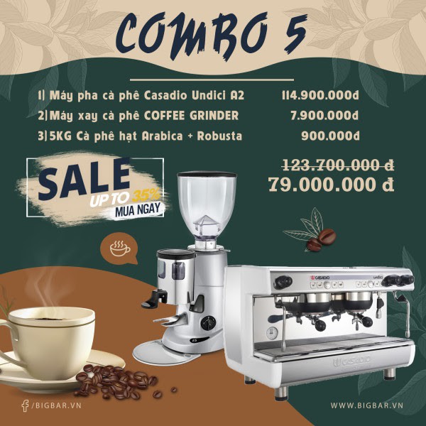 Combo 5: máy pha cà phê Casadio Undici A2 + máy xay cà phê Coffee Grinder +5 kg hạt cà phê