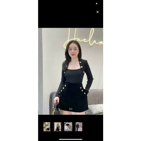 áo tay dài cổ vuông đính nút xinh thun gân l