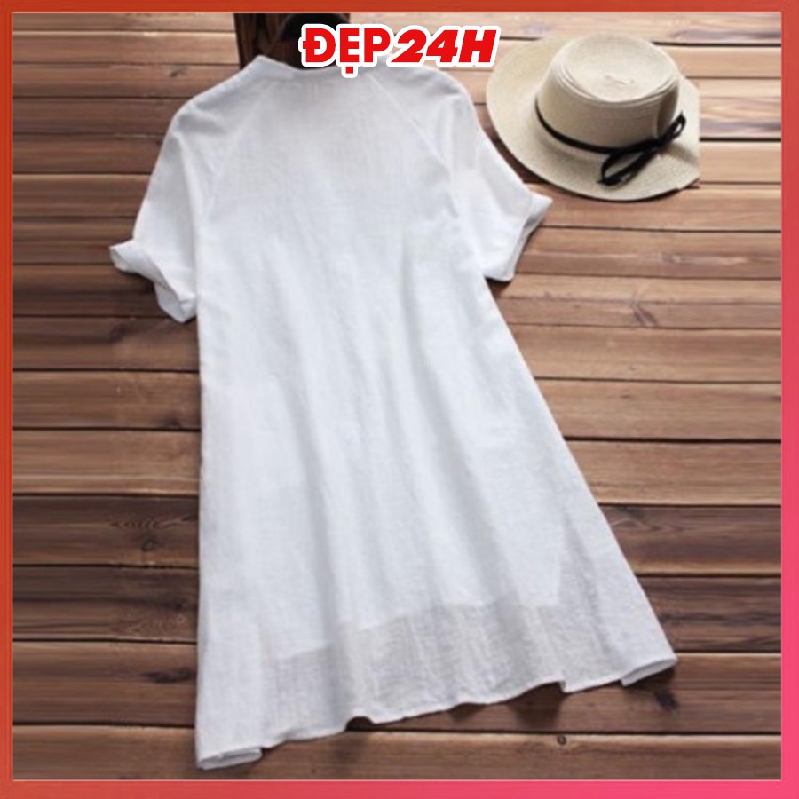 Sơ mi váy sang chảnh, form dài rộng giấu quần, chất liệu Đũi siêu xinh, áo kiểu váy chùm mông Đẹp 24 giờ - AKH.35 | BigBuy360 - bigbuy360.vn