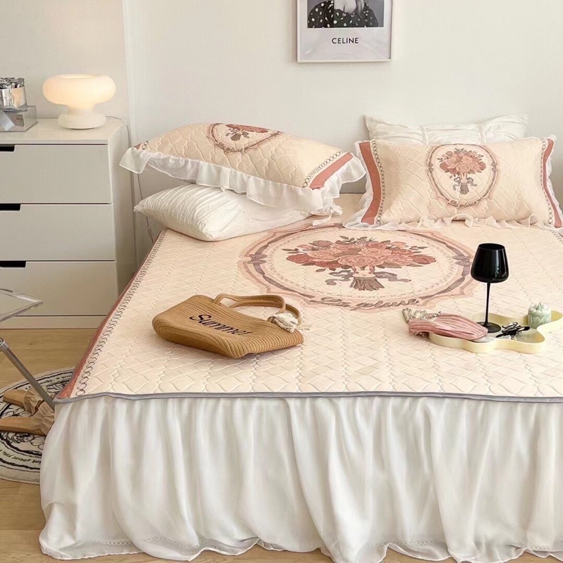 Chiều điều cao su non viền bèo công chúa siêu xinh ,Chiếu cao su phủ bèo mát lạnh mẫu mới 2022 (tặng kèm 2 vỏ gối)