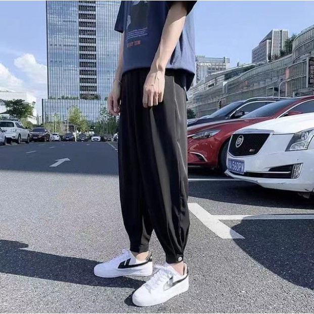 Triple A💕Summer ice silk pants men's thin loose drape casual trousers ins Korean version of the trend of Harlan nine-point trousers tide