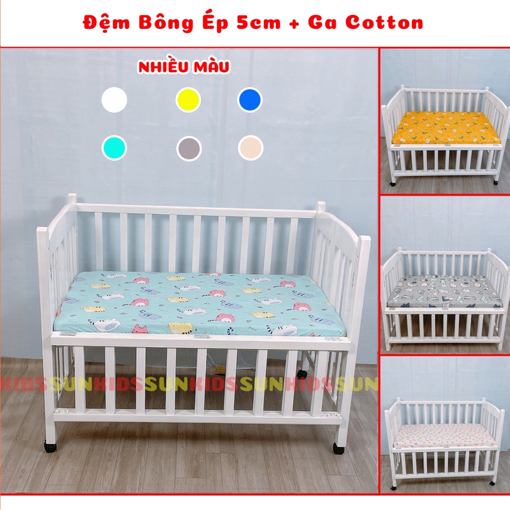 Bộ Ga Chun Bọc Đệm Cotton 100%, Đệm Bông Ép Ga Chống Thấm Cho Cũi Trẻ Em Nhiều Màu Sắc