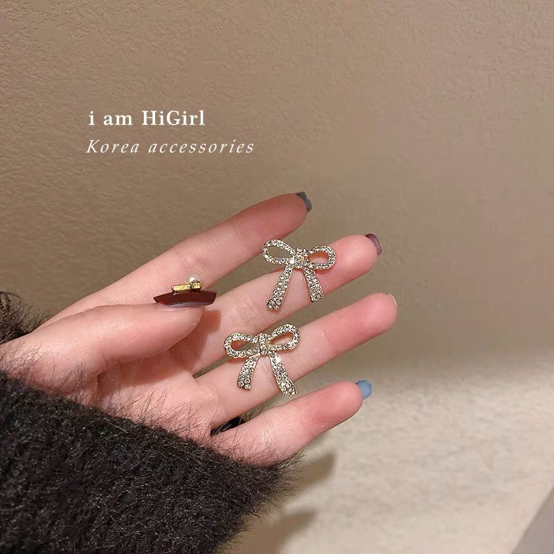 Bông tai nữ nơ đính đá lấp lánh phong cách Hàn Quốc