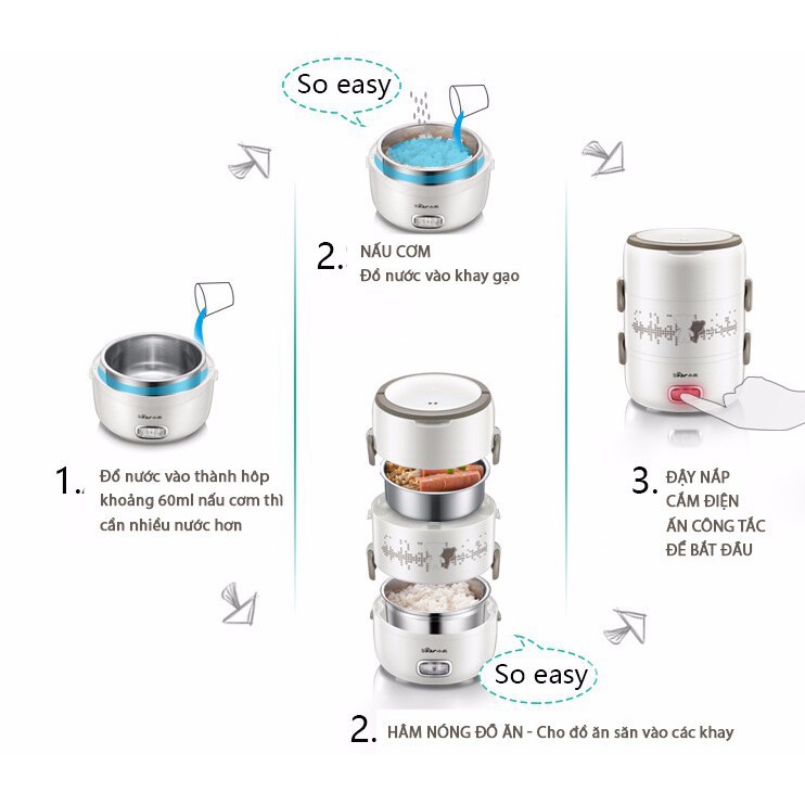 Hộp cơm điện bear inox 304 3 tầng cao cấp | BigBuy360 - bigbuy360.vn