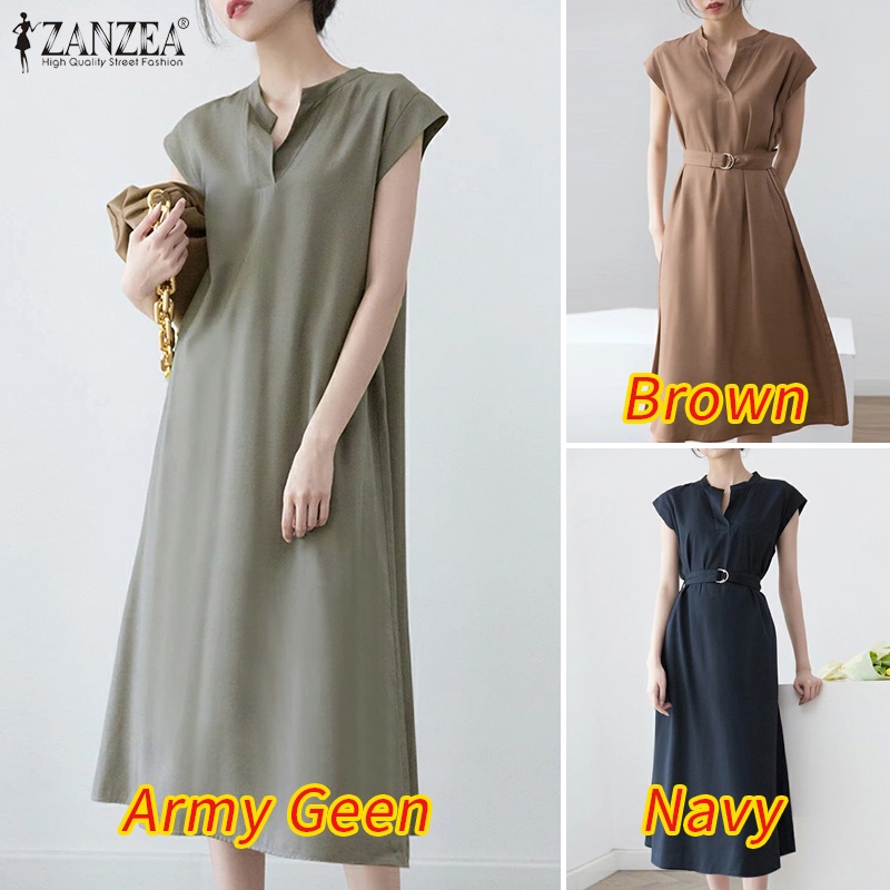 Đầm Dài Cổ V Tay Ngắn Kèm Thắt Lưng Thời Trang Cho Nữ ZANZEA