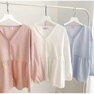 Áo babydoll tay dài cổ V viền
