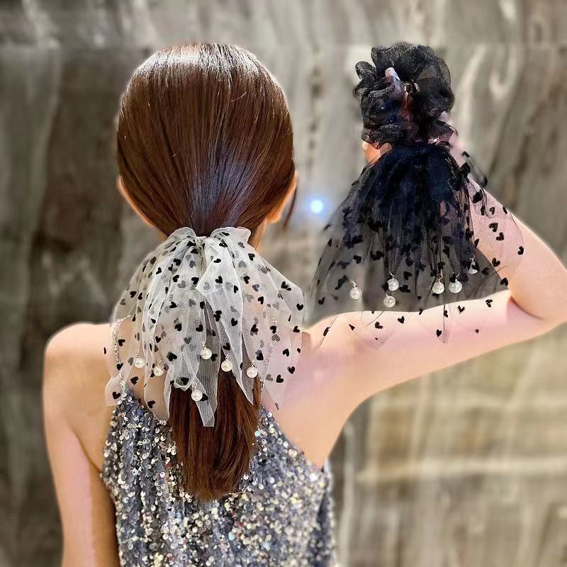 Dây Cột Tóc Ren Đính Ngọc Trai Hình Trái Tim Phong Cách vintage Hàn Quốc