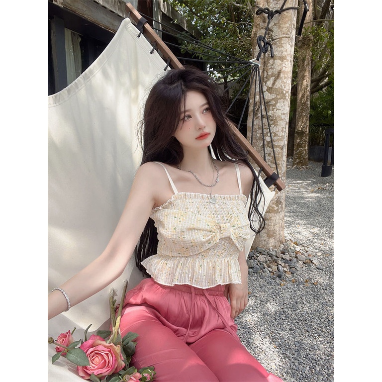 Áo Hai Dây Dệt Kim Đính Nơ Lãng Mạn Thời Trang Mùa Hè Mới