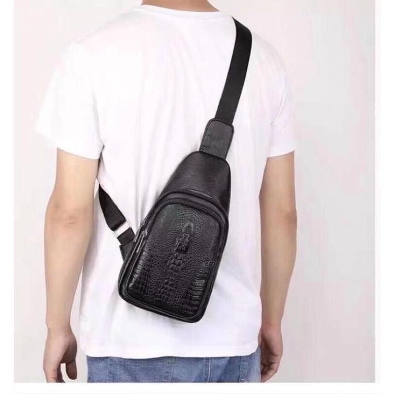 Túi đeo chéo da bò dập Vân cá sấu, túi xách da bao tử nam đeo ngực hông bụng cao cấp đẹp - A&ESHOP 65657