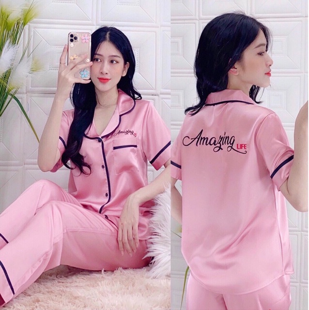 ĐỒ BỘ MẶC NHÀ TAY NGẮN QUẦN DÀI PIJAMA SATIN LỤA  THÊU LƯNG SIÊU ĐẸP