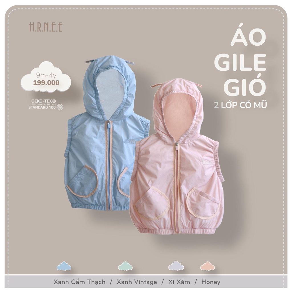 Hrnee Áo Gile gió 2 lớp chống nước, có mũ cho bé 2022