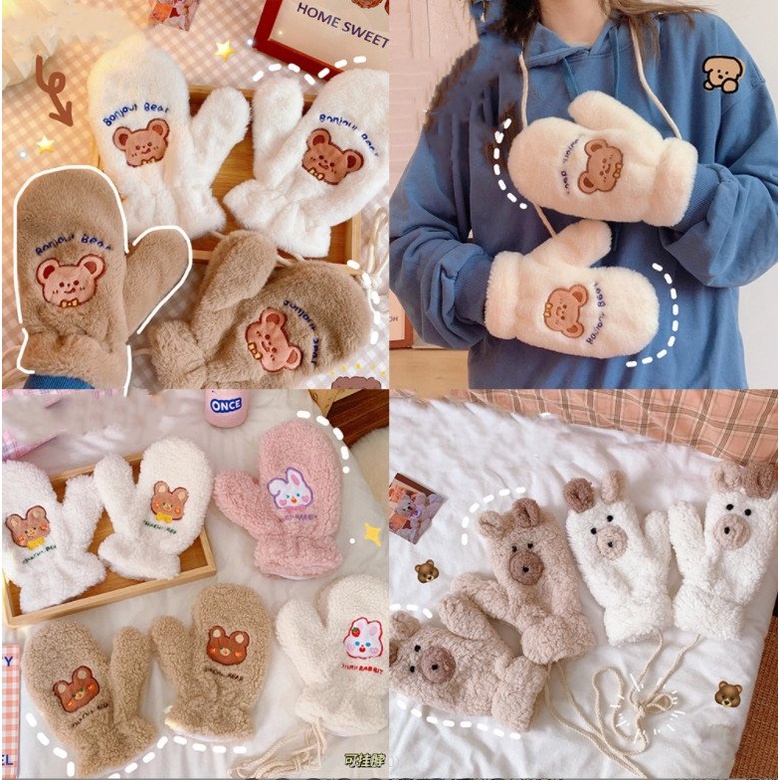 Bao tay lông xinh cho nữ dày giữ ấm đi xe siêu tốt hình gấu thỏ dễ thương