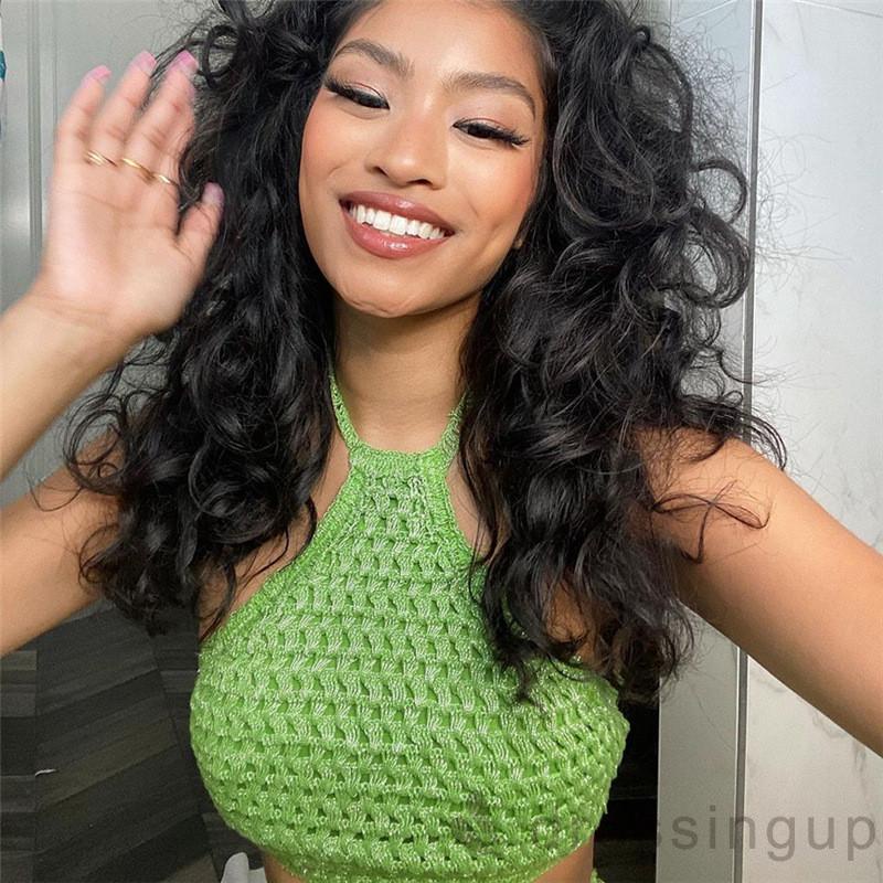 DRE-Women Summer Camisole,Halter Crochet Backless Tie-Up Short Solid Color Summer Slim Green Tops