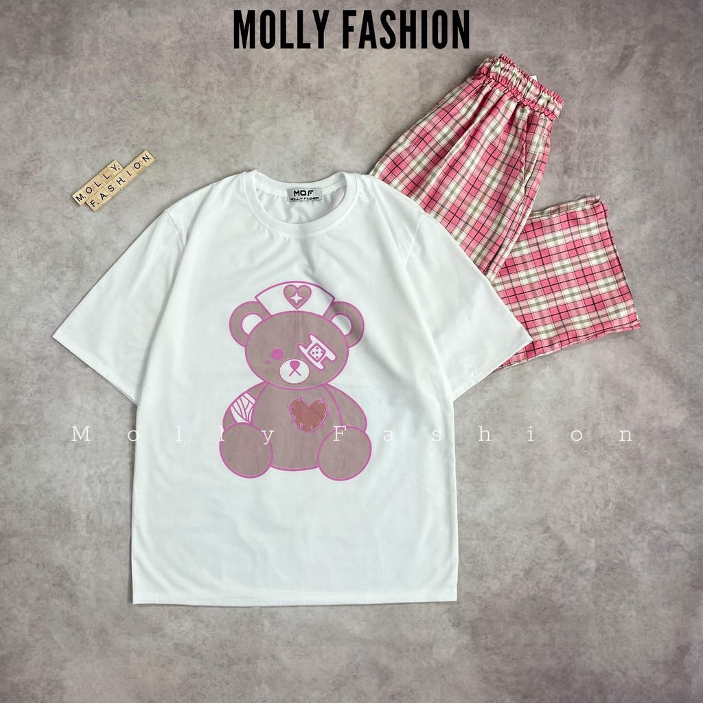 Set đồ nữ quần dài Caro Kate ống rộng GẤU VIBES ❤️ Đồ bộ hoạt hình Freesize Molly Fashion