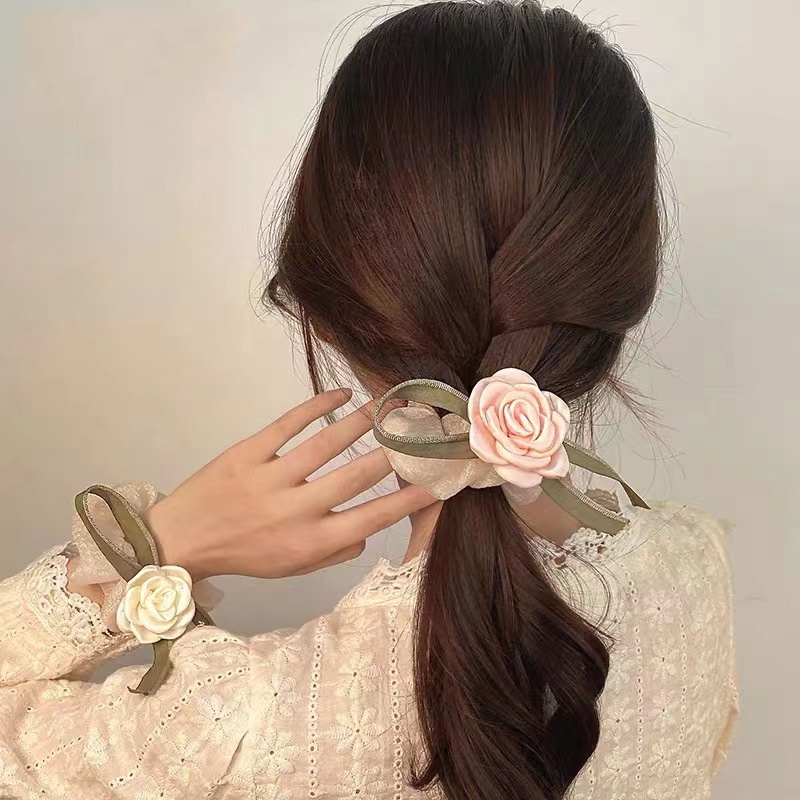 Dây Buộc Tóc Cao Su Co Giãn Phối Ruy Băng Lụa Hình Hoa Hồng Cỡ Lớn Thời Trang Mùa Xuân 2022