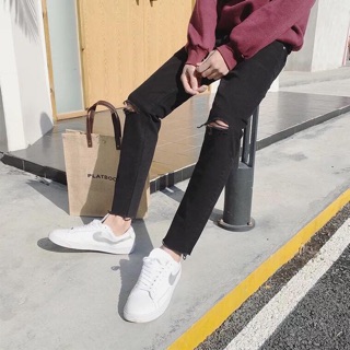 Quần jean nam co giãn 4 chiều, có Big size 28-36 quần bò màu đen trơn dáng ôm rách gối rách gấu cao cấp