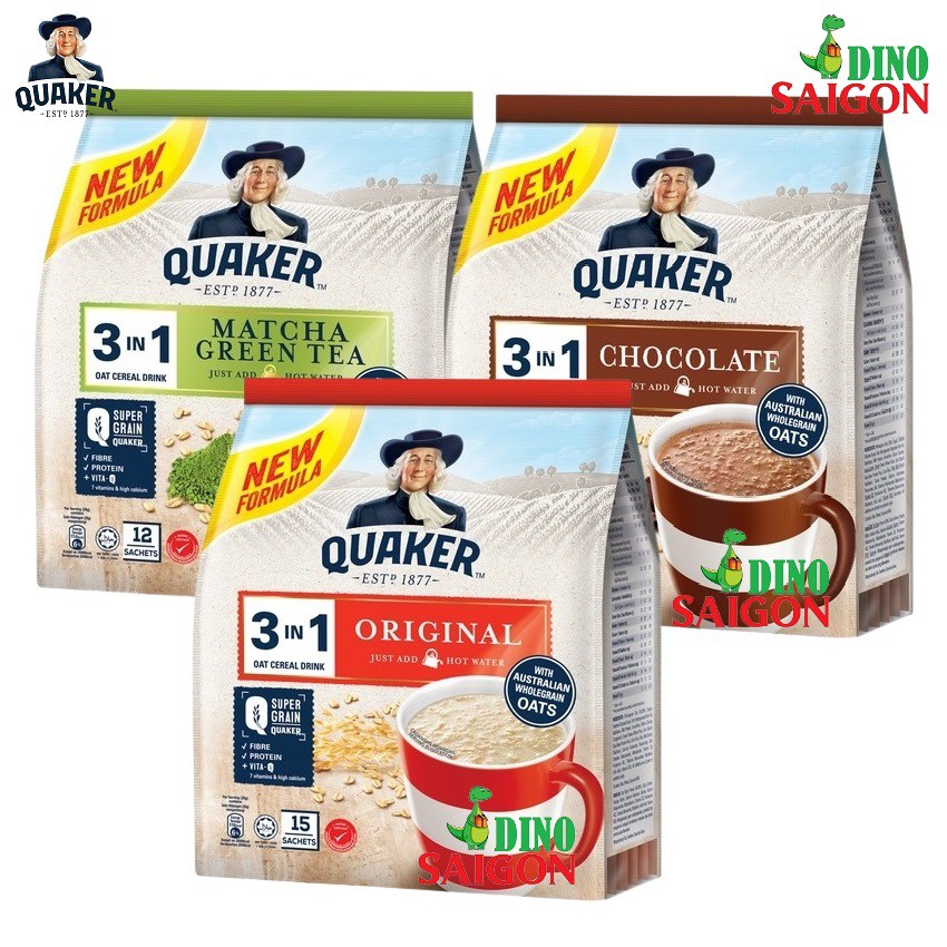 Bộ 3 gói Thức Uống Ngũ Cốc Yến Mạch Quaker 3in1 Mix 3 Vị Chocolate, Matcha Trà Xanh và Truyền Thống