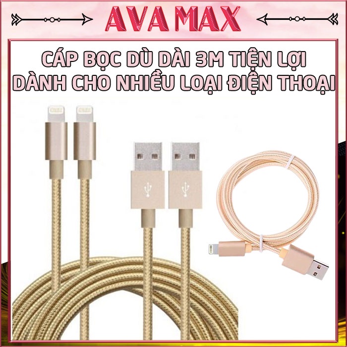 Cáp Sạc Điện Thoại Bọc Dù Cao Cấp Chống Rối Dài 3m Dành Cho Nhiều Loại Điện Thoại iPhone/Samsung/Oppo/...