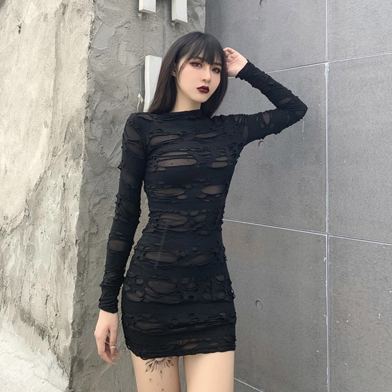 Đầm bút chì tay dài phối vết rách cá tính thời trang dành cho nữ
