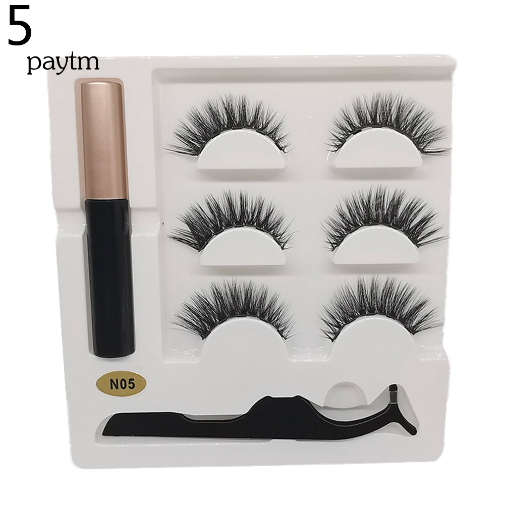 PM 3Pairs Magnetic 3D False Eyelashes Liquid Eyeliner Tweezers Lashes Extension Kit