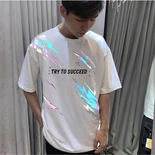 áo thun tay lỡ nam nữ form rộng Stee Phản quang TRY TO SUCCEED màu trắng Ngầu Store  MathewStore