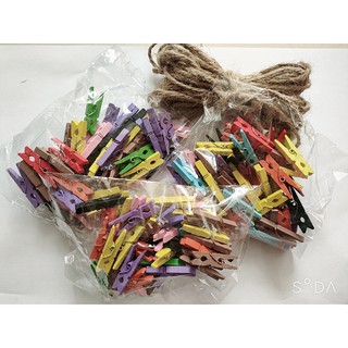 Sỉ gói 50 kẹp ảnh gỗ màu size 25mm Tặng Kèm 5m dây cói treo ảnh ( ảnh thật shop tự chụp) Free Ship