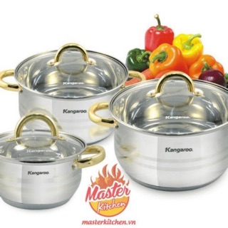 Bộ Nồi Inox 3 Món Cao Cấp Kangaroo KG866 KG865 Kg864  , Nắp kính, Đáy 5 lớp, Dành cho bếp từ.