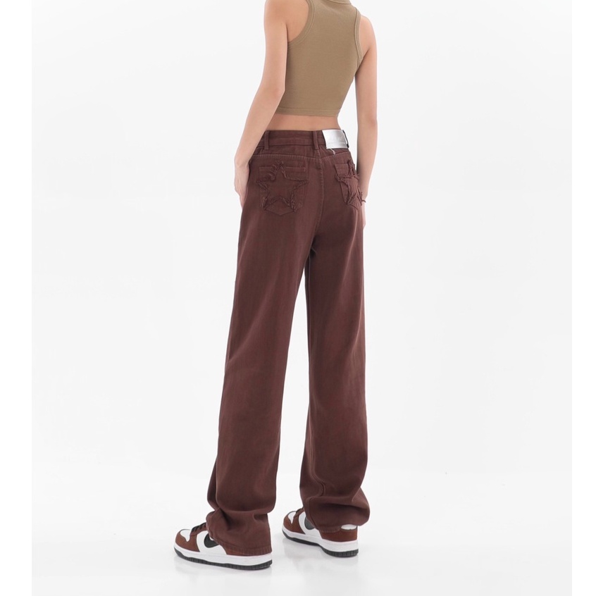 Quần jeans nâu cạp cao, quần jeans nữ dài ống rộng phong cách_j27