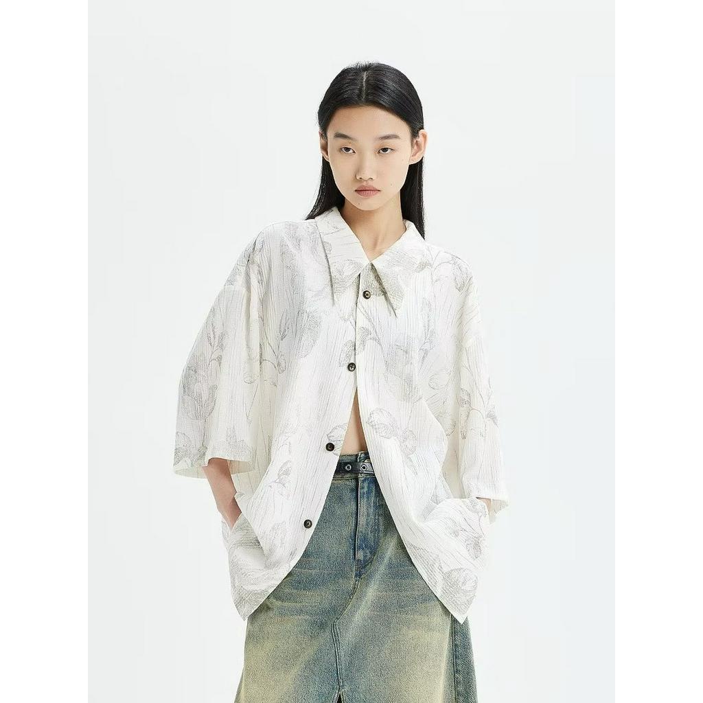 Magee Áo Sơ Mi Tay Ngắn Cổ Nhọn In Họa Tiết Retro Hàn Quốc Trẻ Trung Phổ Biến Thời Trang Cho Nam