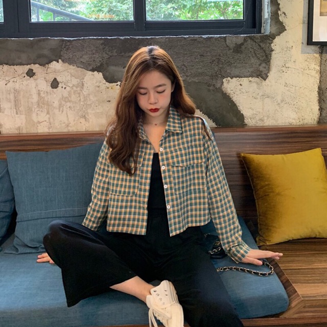 Áo sơmi caro croptop phong cách hàn quốc