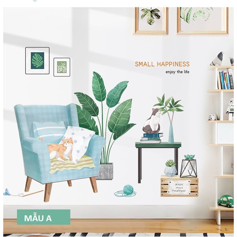 Decal dán tường phòng ngủ SMALL HAPPINESS (Bộ 3 tờ có bán lẻ). Đề can dán tường Hàn quốc kích thước 60x90cm