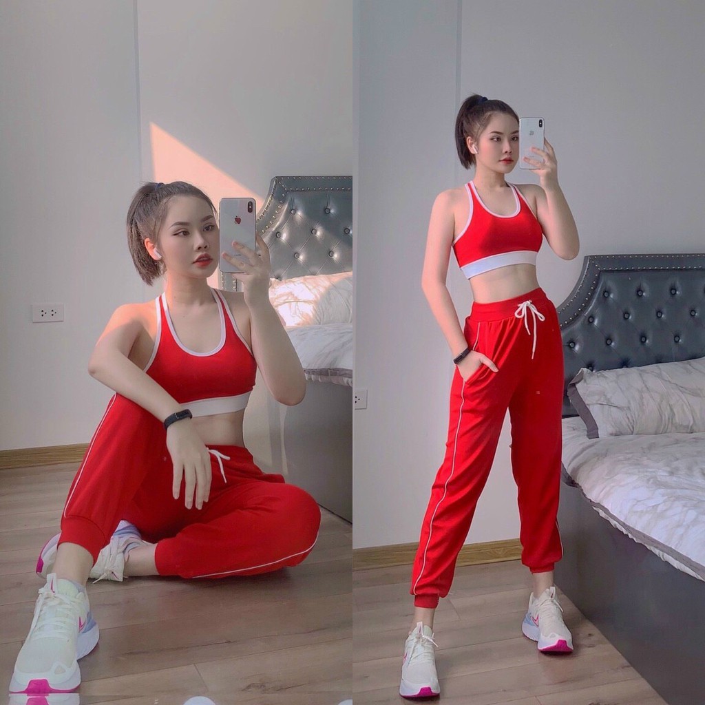 Đồ tập gym nữ, set bộ thể thao quần dài jogger áo bra kèm mút cao cấp Bin Sport BD099