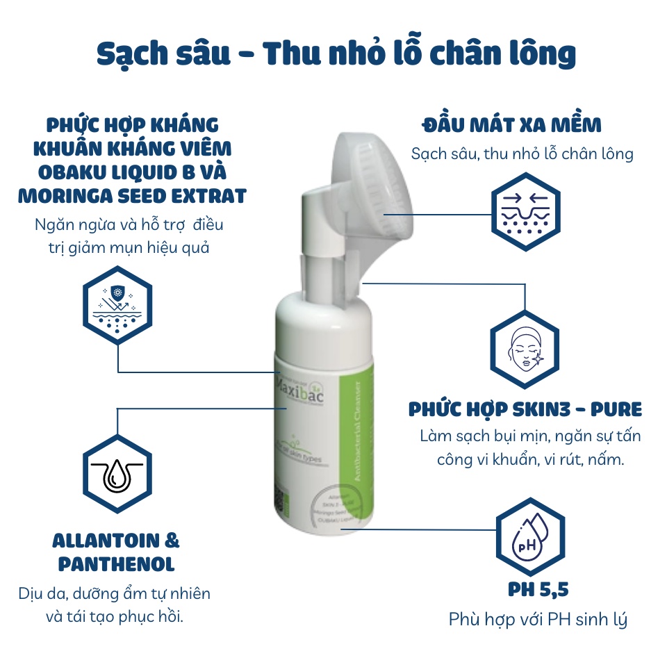 Sữa rửa mặt, srm đầu cọ tạo bọt lành tính, giảm mụn, trắng da, tẩy tế bào chết cho da dầu, da khô - MAXIBAC chính hãng