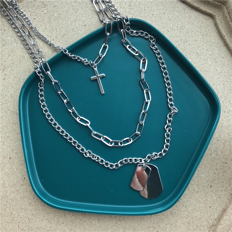 Dây Chuyền Nhiều Lớp Bằng Kim Loại Màu Bạc Mặt Thánh Giá Phong Cách Hip Hop Thời Trang