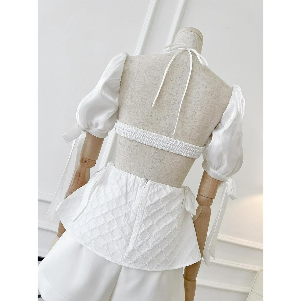 [HÀNG THIẾT KẾ CAO CẤP] Áo Peplum Cổ Yếm Tay Phồng Cut Out Lưng Công Sở / Đi Tiệc Sang Trọng Màu Trắng / Đen