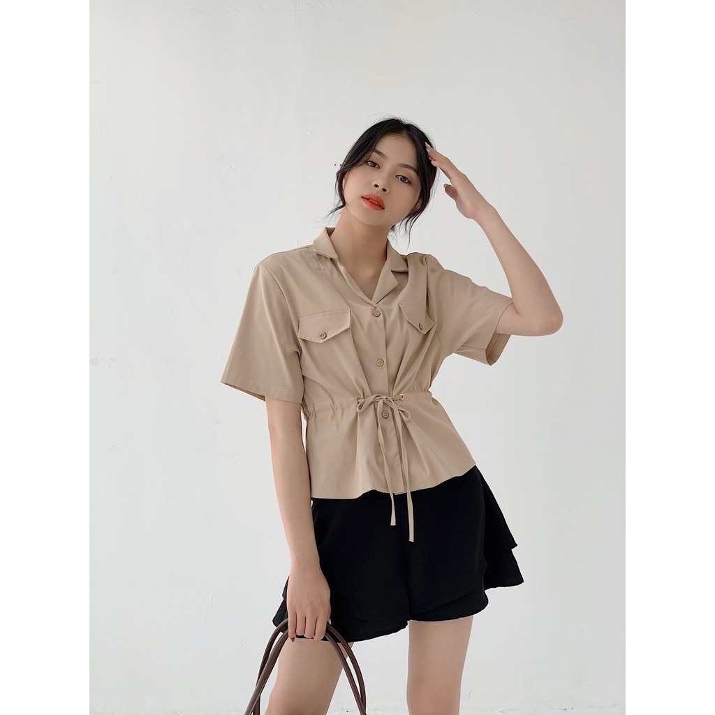 TUBYCATU | Áo sơ mi kem rút eo túi đắp
