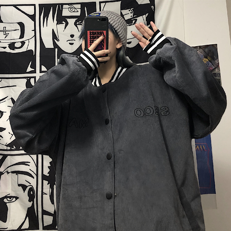 Áo khoác bóng chày vải nhung kẻ thêu chữ phong cách Harajuku cá tính cho nam và nữ | BigBuy360 - bigbuy360.vn