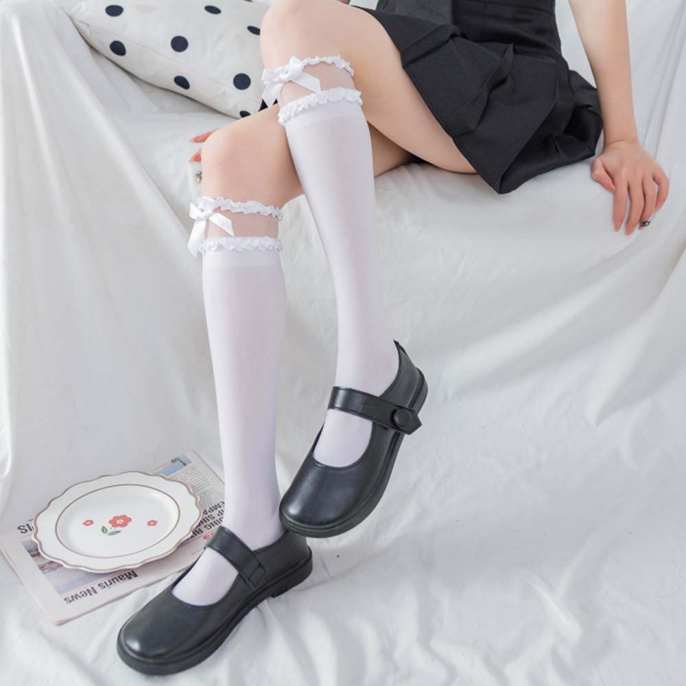 Vớ nhung dài co giãn phối ren đính nơ thời trang quyến rũ cho nữ
